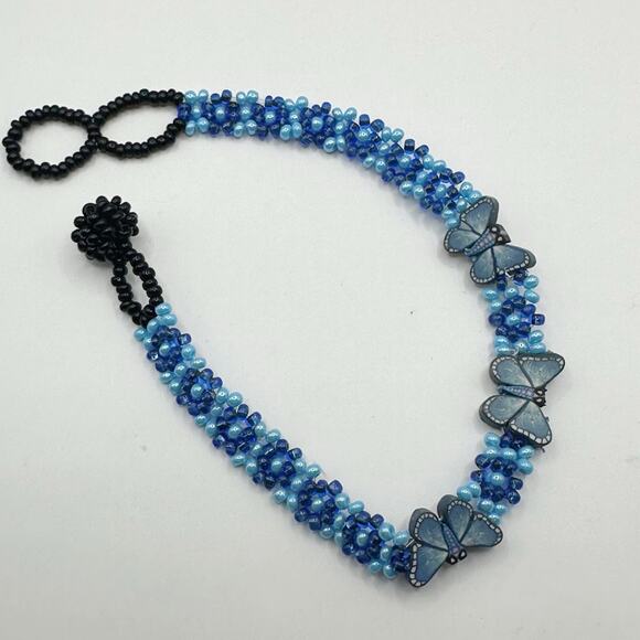 Hand Beaded Butterfly Bracelet Light Blue Navy boho - Picture 5 of 5